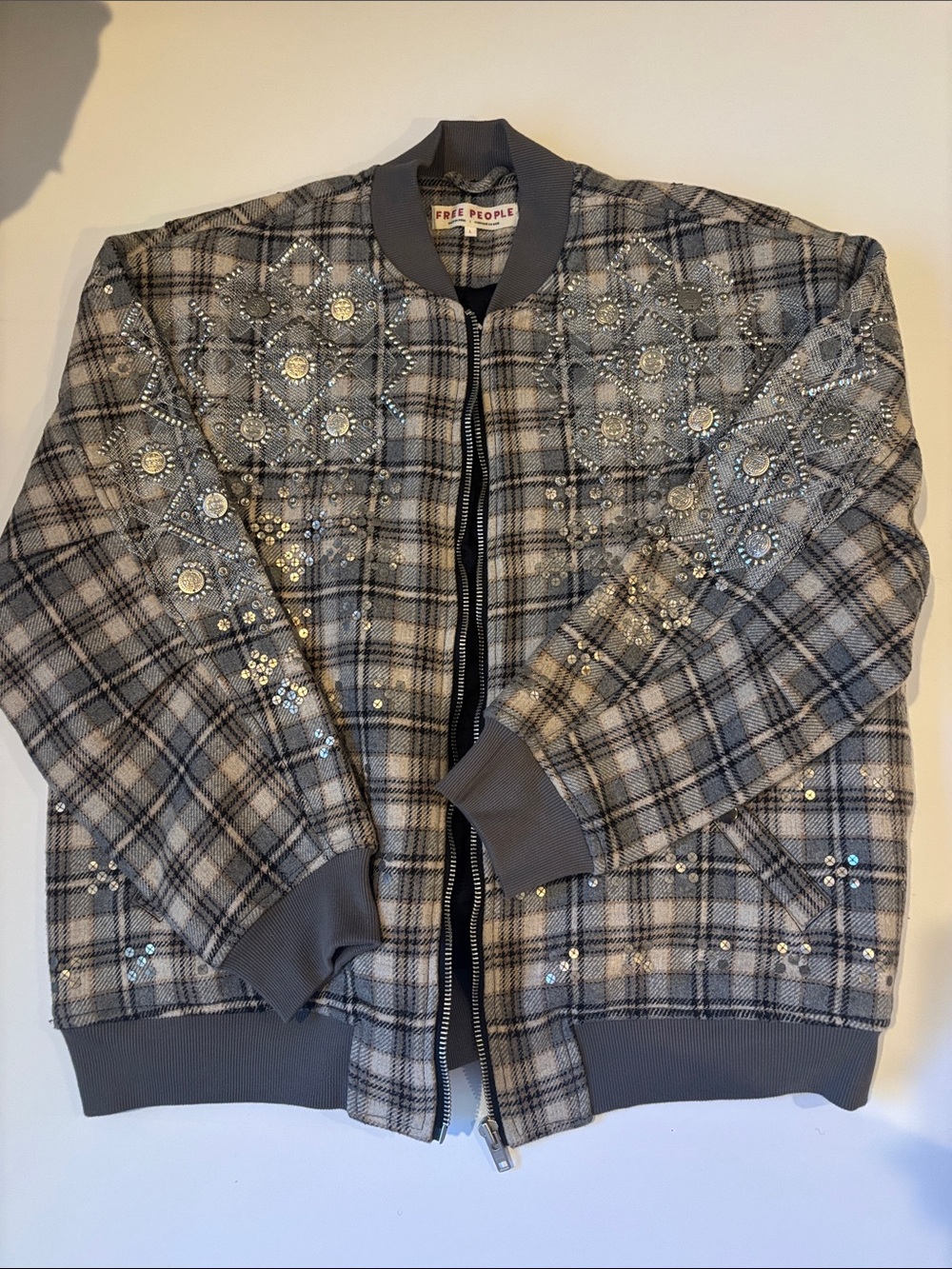 Free People Gray Plaid Sequin Embellished Bomber Jacket